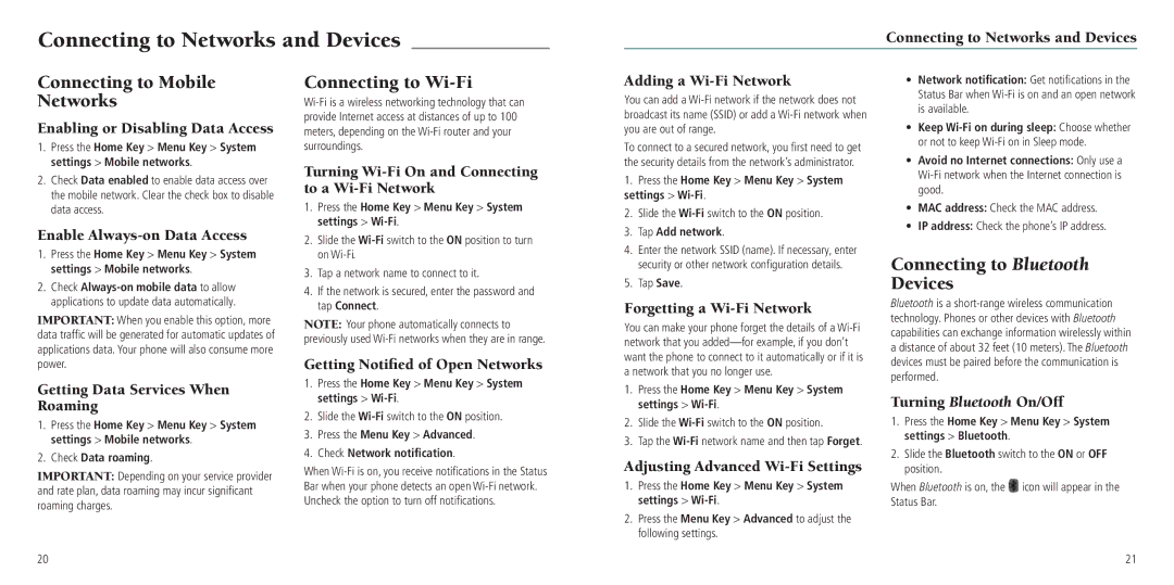 ZTE Z665C user manual Connecting to Networks and Devices, Connecting to Mobile Networks, Connecting to Wi-Fi 