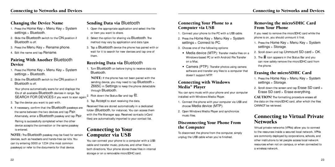 ZTE Z665C user manual Connecting to Your Computer via USB, Connecting to Virtual Private Networks 