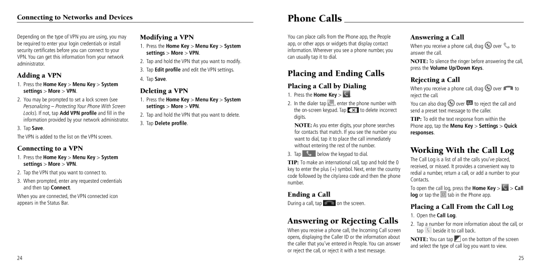 ZTE Z665C user manual Phone Calls, Placing and Ending Calls, Answering or Rejecting Calls, Working With the Call Log 