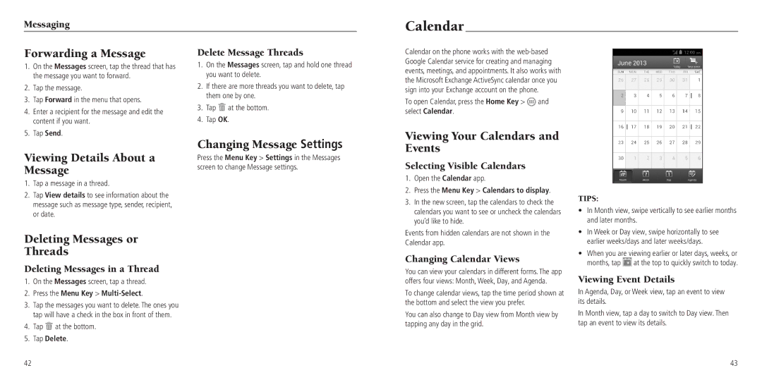 ZTE Z665C user manual Calendar, Forwarding a Message, Changing Message Settings, Deleting Messages or Threads 