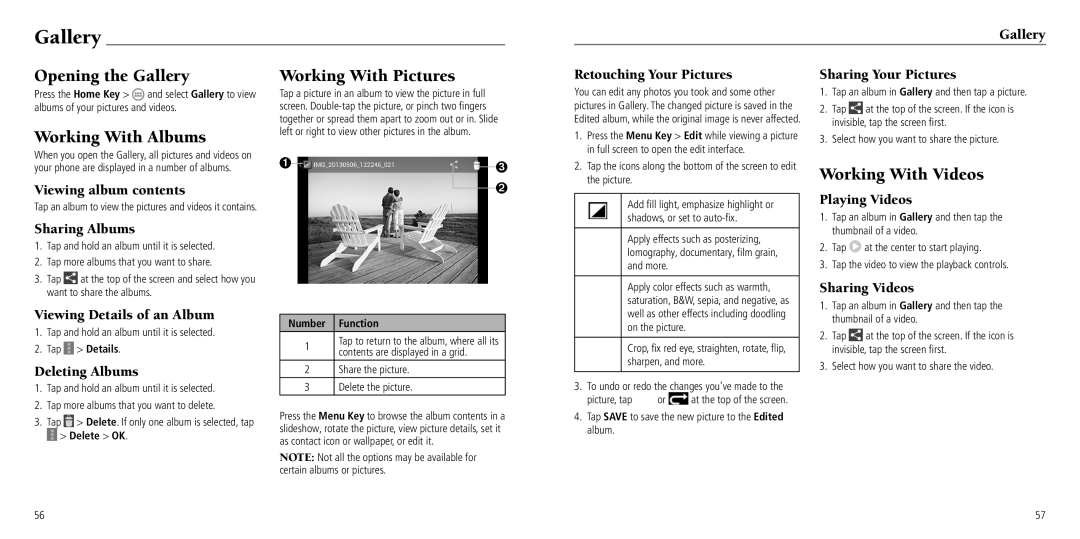 ZTE Z665C user manual Opening the Gallery, Working With Albums, Working With Pictures, Working With Videos 