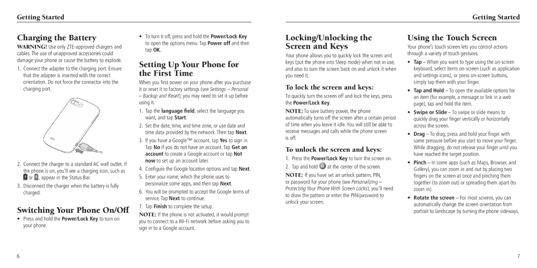 ZTE Z665C user manual Charging the Battery, Setting Up Your Phone for the First Time, Locking/Unlocking the Screen and Keys 