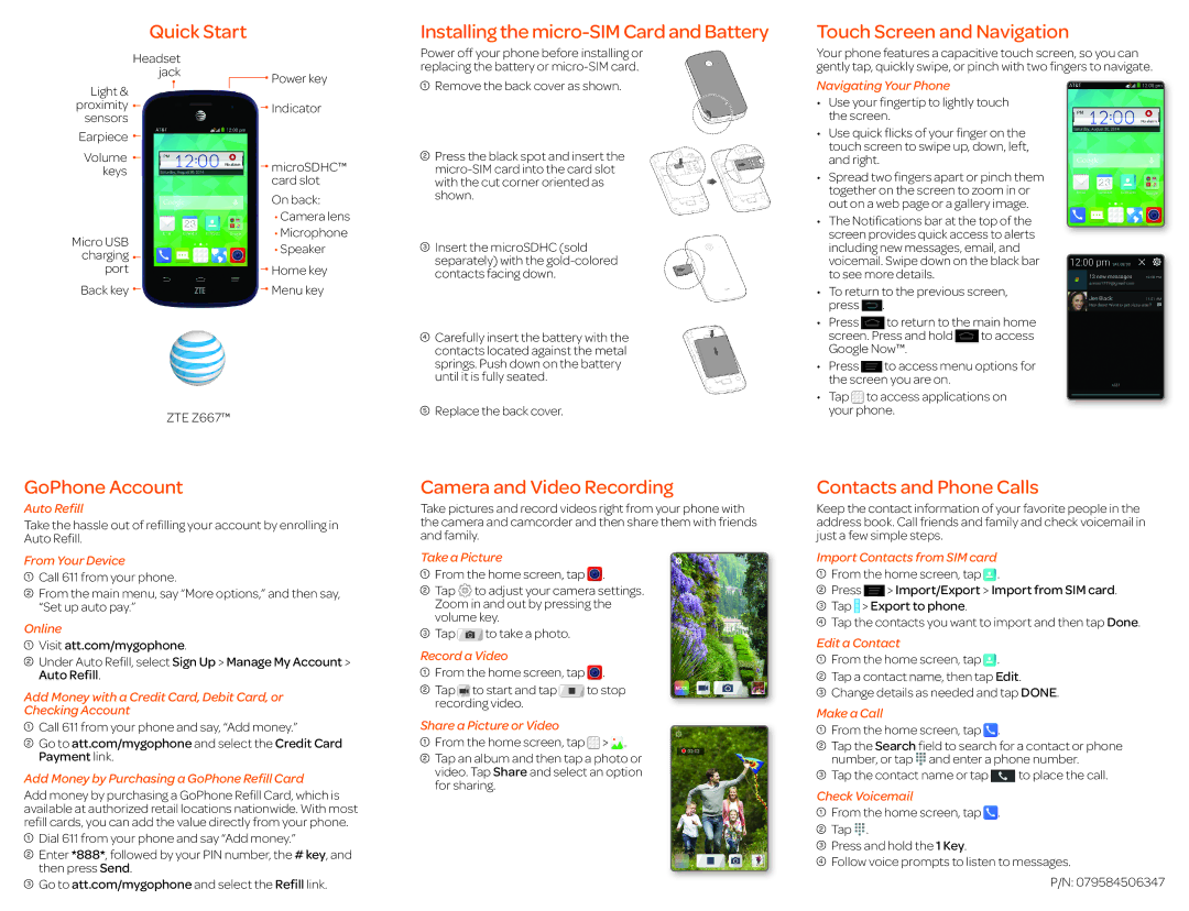 ZTE Z667 quick start GoPhone Account, Camera and Video Recording, Contacts and Phone Calls 