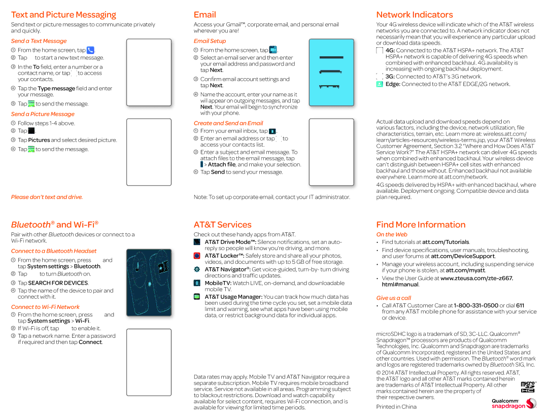 ZTE Z667 quick start Text and Picture Messaging, Network Indicators, AT&T Services, Find More Information 