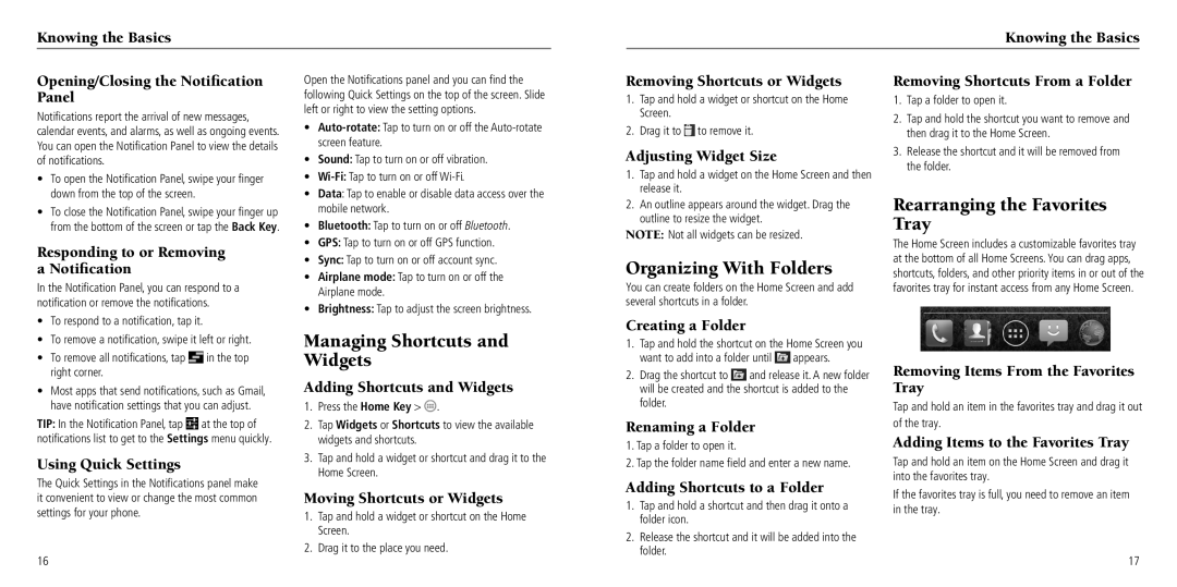 ZTE Z750C user manual Organizing With Folders, Rearranging the Favorites Tray, Managing Shortcuts and Widgets 