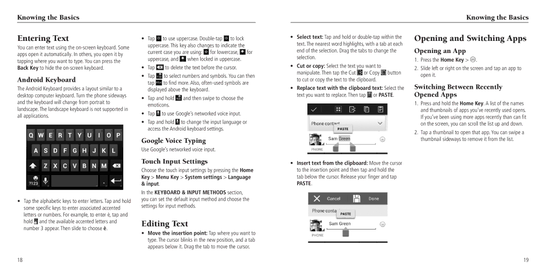 ZTE Z750C user manual Entering Text, Opening and Switching Apps, Editing Text 