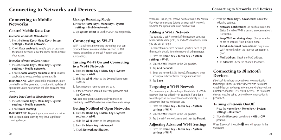 ZTE Z750C user manual Connecting to Networks and Devices, Connecting to Mobile Networks, Connecting to Wi-Fi 