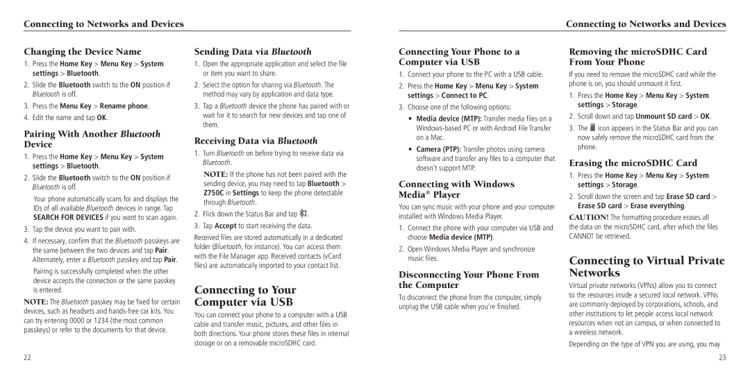 ZTE Z750C user manual Connecting to Your Computer via USB, Connecting to Virtual Private Networks 