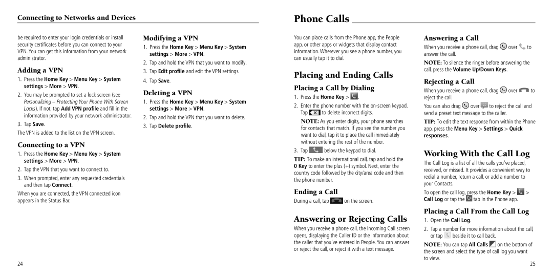 ZTE Z750C user manual Phone Calls, Placing and Ending Calls, Answering or Rejecting Calls, Working With the Call Log 