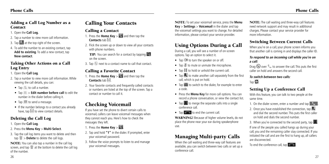 ZTE Z750C user manual Calling Your Contacts, Using Options During a Call, Checking Voicemail, Managing Multi-party Calls 