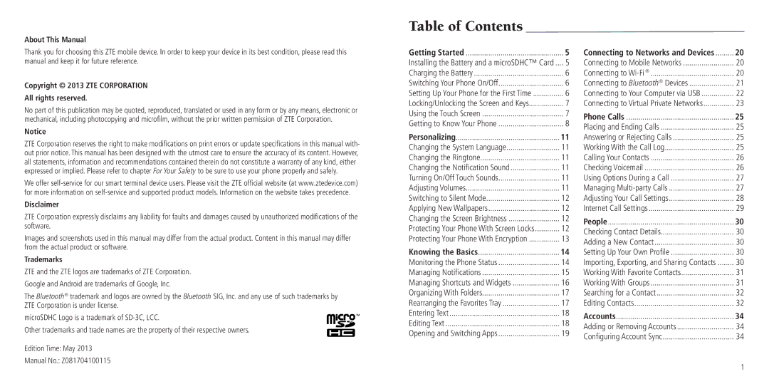 ZTE Z750C user manual Table of Contents 