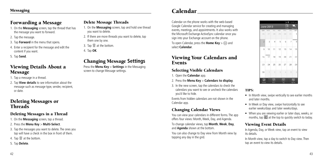 ZTE Z750C user manual Calendar, Forwarding a Message, Changing Message Settings, Deleting Messages or Threads 