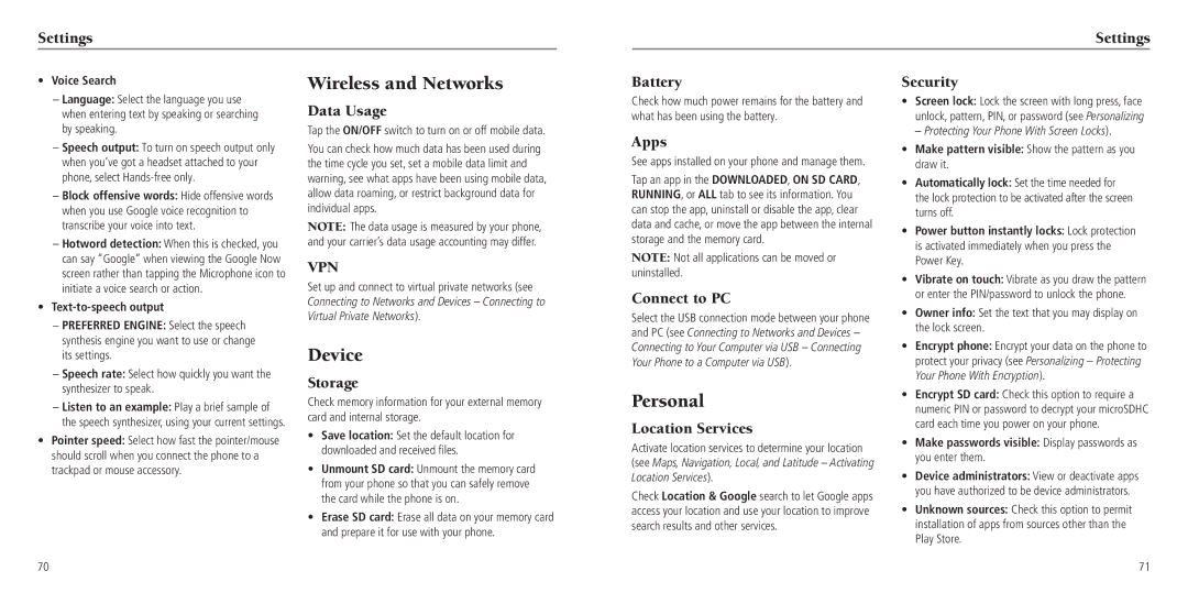 ZTE Z750C user manual Wireless and Networks, Device, Personal 