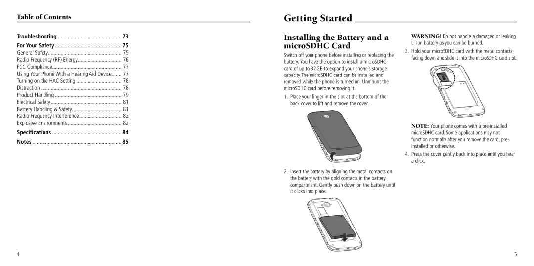 ZTE Z750C user manual Getting Started, Installing the Battery and a microSDHC Card 