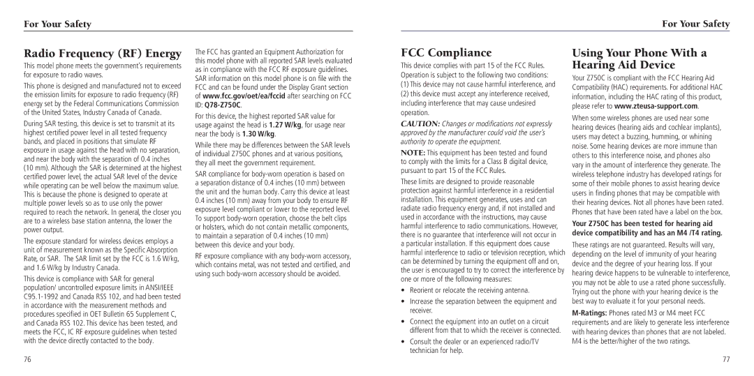 ZTE Z750C Radio Frequency RF Energy, FCC Compliance, Using Your Phone With a Hearing Aid Device, For Your Safety 