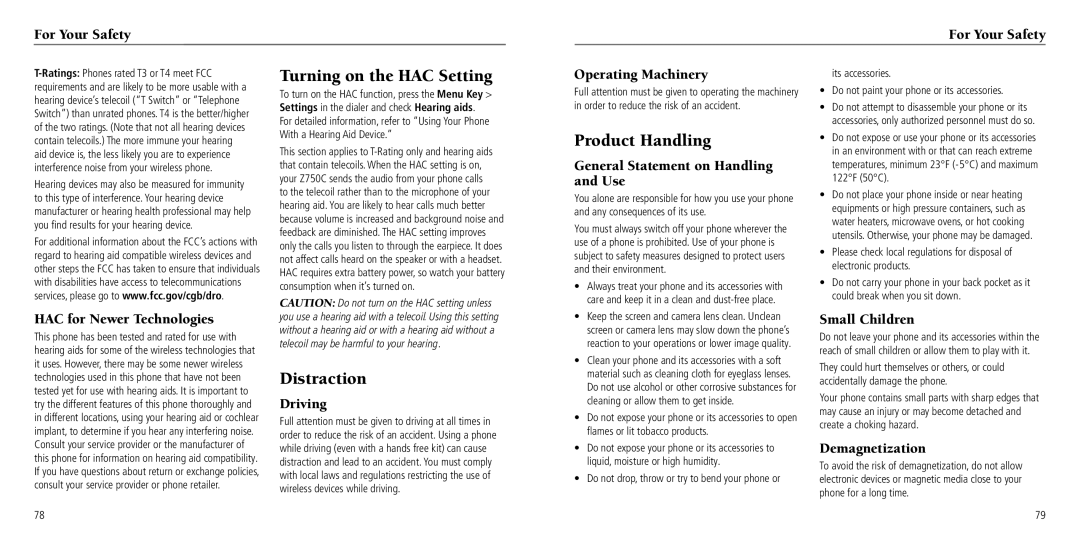 ZTE Z750C user manual Turning on the HAC Setting, Distraction, Product Handling 