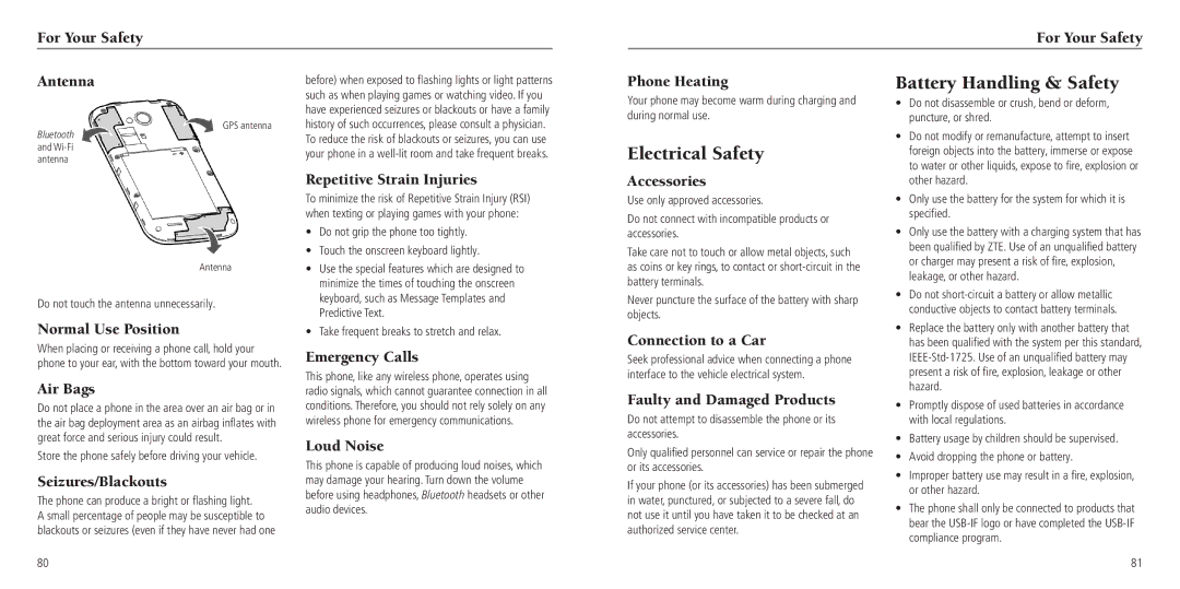 ZTE Z750C user manual Battery Handling & Safety, Electrical Safety 