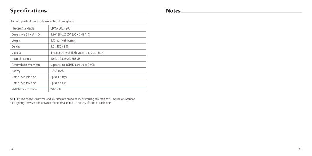 ZTE Z750C user manual Specifications, Handset specifications are shown in the following table 