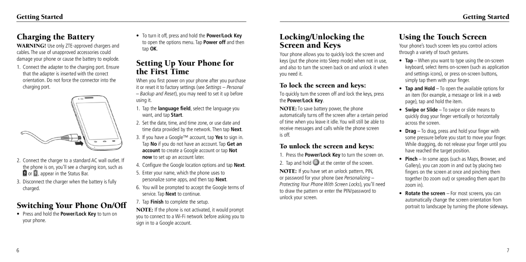 ZTE Z750C user manual Charging the Battery, Setting Up Your Phone for the First Time, Locking/Unlocking the Screen and Keys 