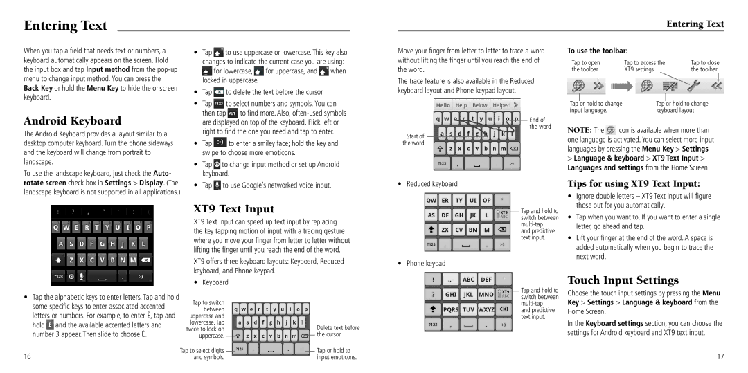 ZTE Z768G user manual Entering Text, Android Keyboard, XT9 Text Input, Touch Input Settings 