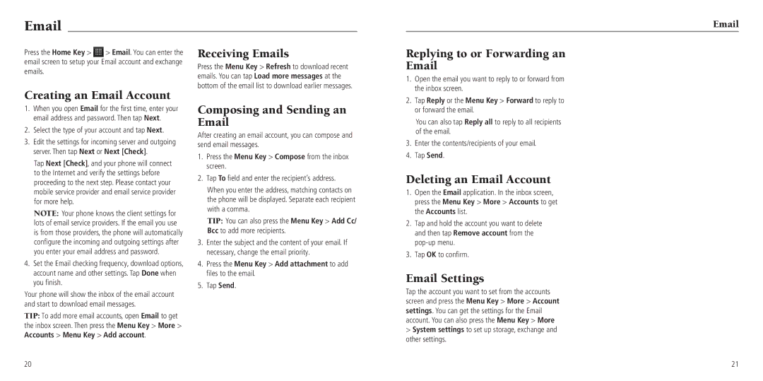 ZTE Z768G Creating an Email Account, Receiving Emails, Composing and Sending an Email, Replying to or Forwarding an 