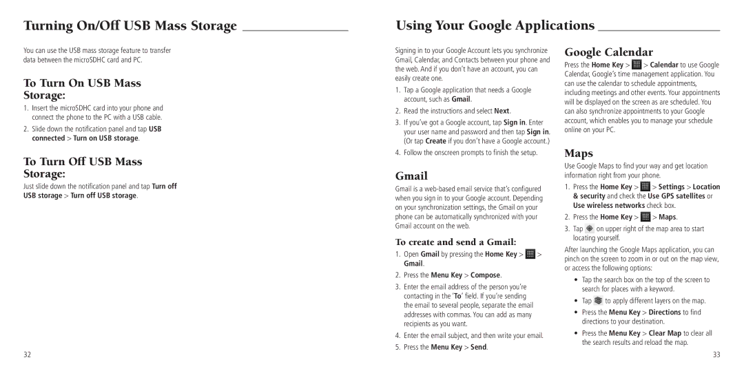 ZTE Z768G user manual To Turn On USB Mass Storage, To Turn Off USB Mass Storage, Gmail, Google Calendar, Maps 