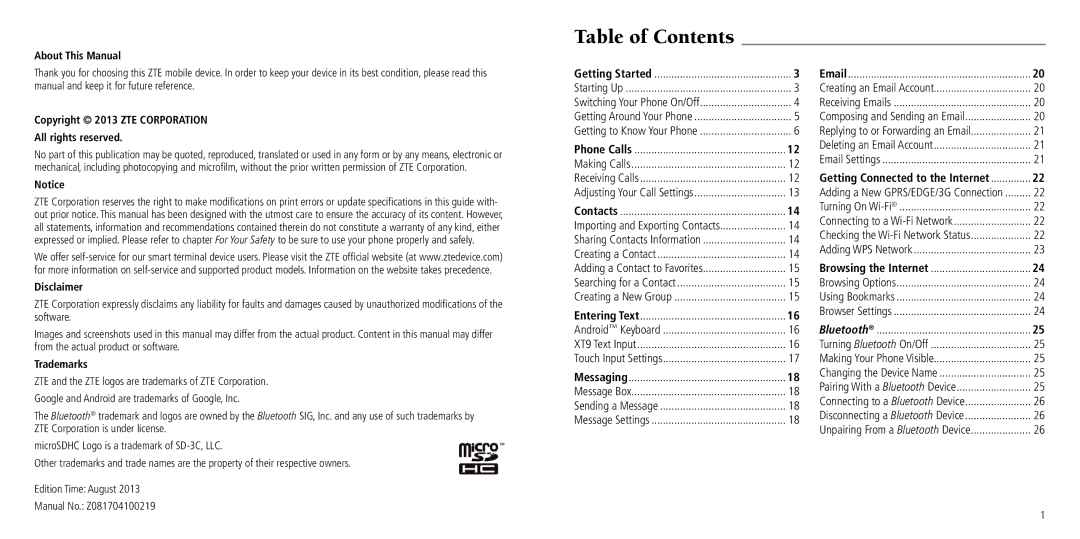 ZTE Z768G user manual Table of Contents 