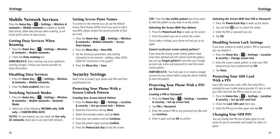 ZTE Z768G user manual Mobile Network Services, Security Settings 