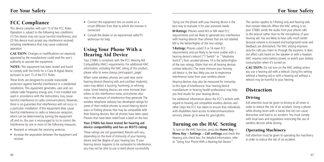 ZTE Z768G For Your Safety FCC Compliance, Using Your Phone With a Hearing Aid Device, Turning on the HAC Setting 