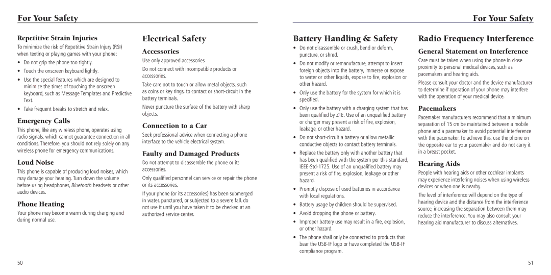 ZTE Z768G user manual For Your Safety, Electrical Safety Battery Handling & Safety 