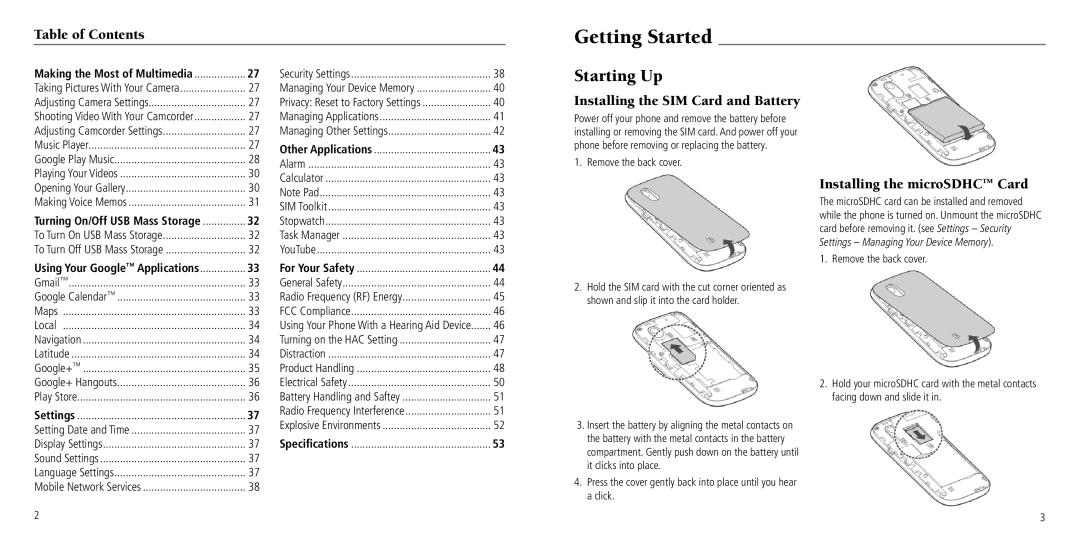 ZTE Z768G user manual Getting Started, Starting Up, Table of Contents, Installing the SIM Card and Battery 