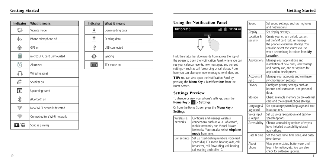 ZTE Z768G user manual Using the Notification Panel, Settings Preview, Location 