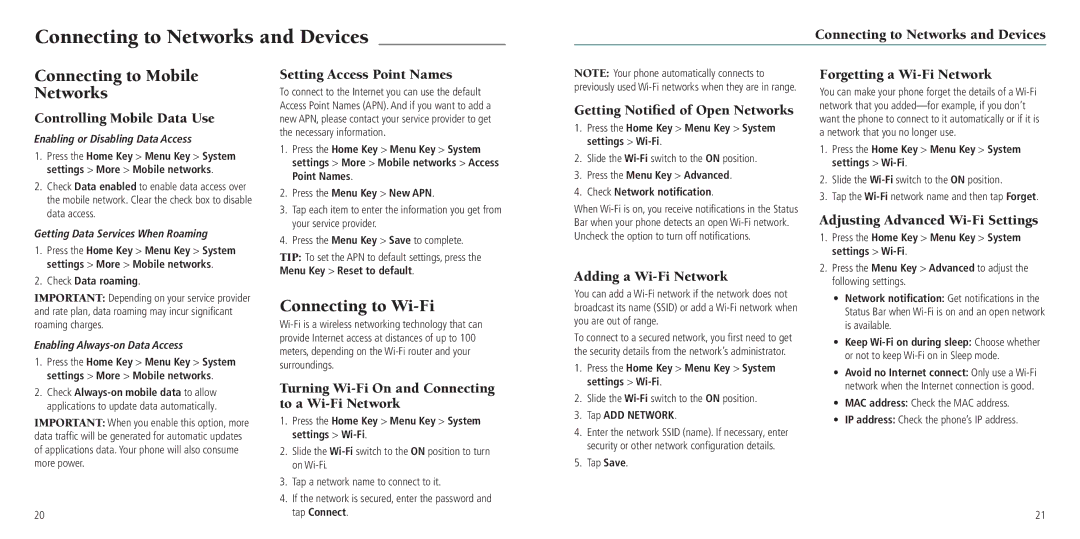 ZTE Z795G user manual Connecting to Networks and Devices, Connecting to Mobile Networks, Connecting to Wi-Fi 