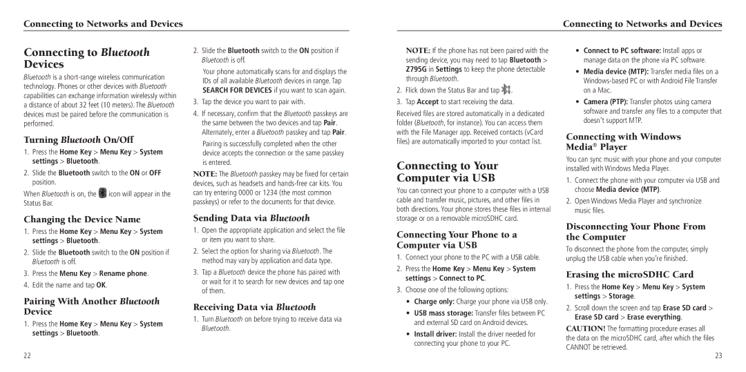 ZTE Z795G user manual Connecting to Bluetooth Devices, Connecting to Your Computer via USB 