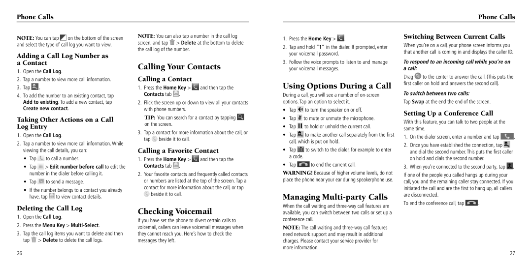 ZTE Z795G user manual Calling Your Contacts, Using Options During a Call, Managing Multi-party Calls, Checking Voicemail 