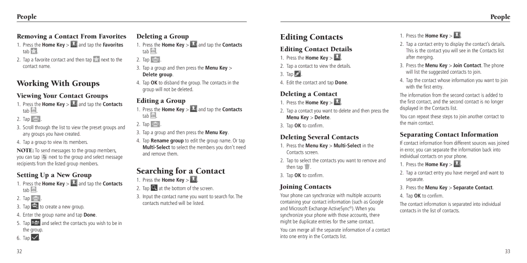 ZTE Z795G user manual Working With Groups, Editing Contacts, Searching for a Contact 