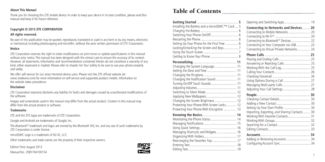 ZTE Z795G user manual Table of Contents 