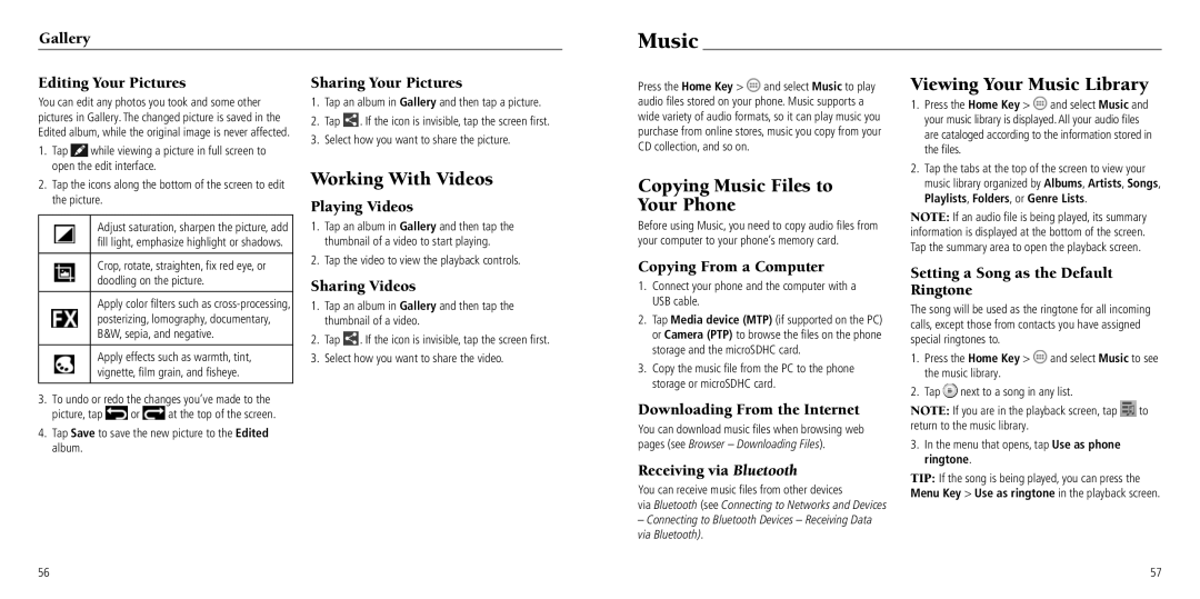 ZTE Z795G user manual Music, Working With Videos 