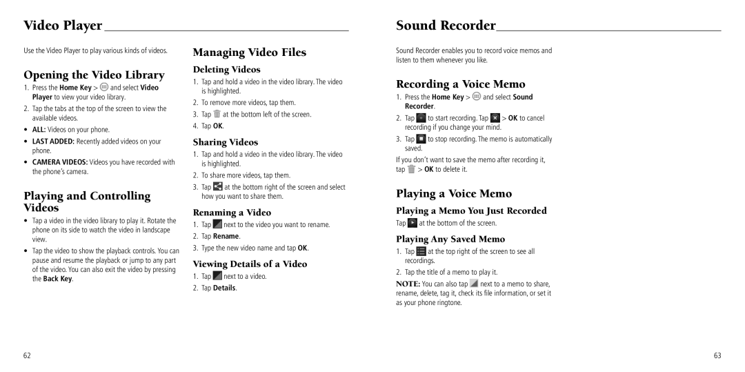 ZTE Z795G user manual Video Player, Sound Recorder 