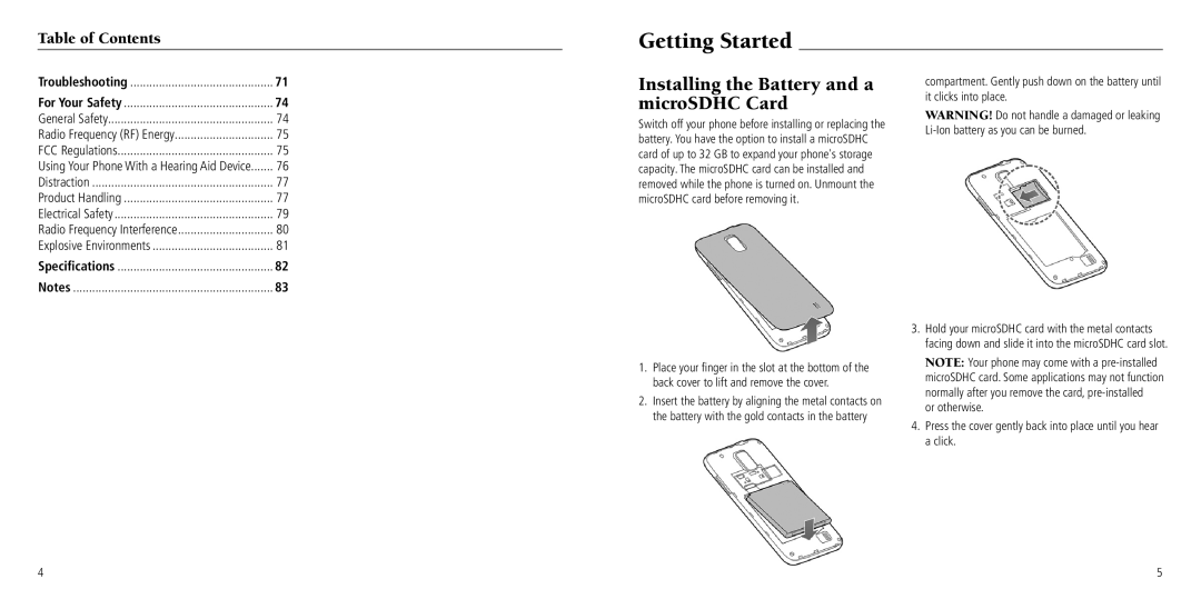 ZTE Z795G user manual Getting Started, Installing the Battery and a microSDHC Card 