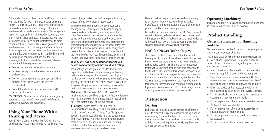 ZTE Z795G user manual Using Your Phone With a Hearing Aid Device, Distraction, Product Handling 