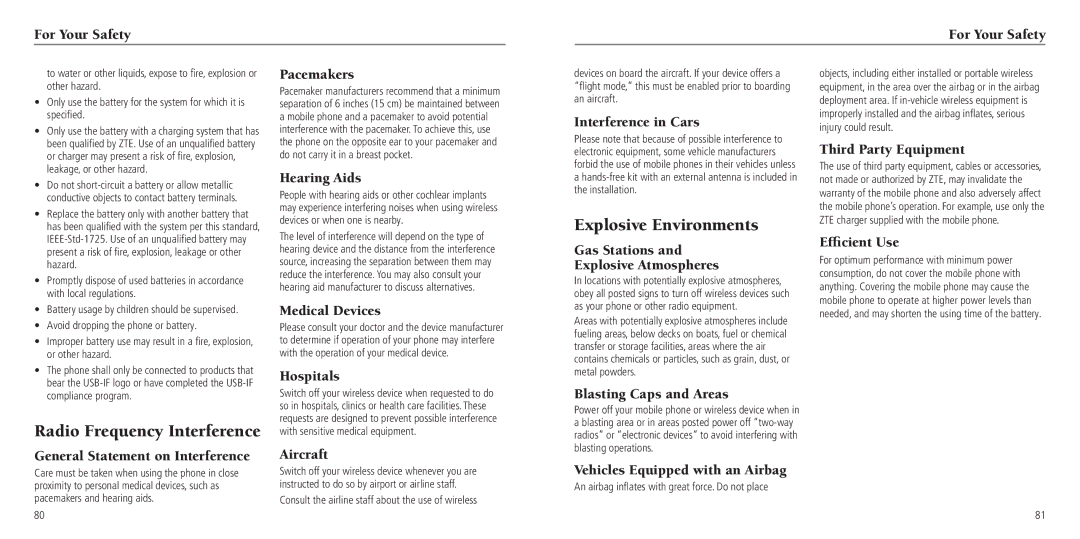 ZTE Z795G user manual Explosive Environments, Radio Frequency Interference 