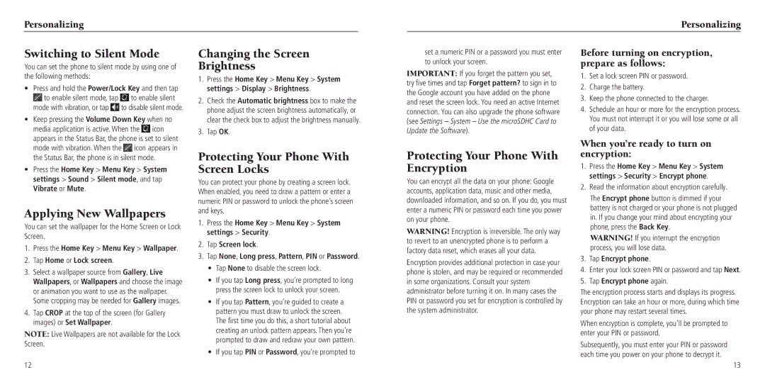 ZTE Z795G user manual Switching to Silent Mode, Changing the Screen Brightness, Applying New Wallpapers 