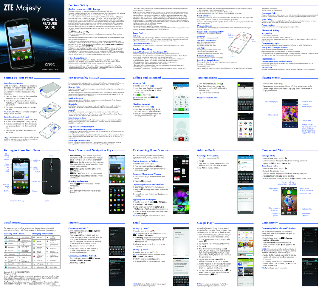 ZTE Z796C specifications For Your Safety, Setting Up Your Phone, Calling and Voicemail, Text Messaging, Playing Music 