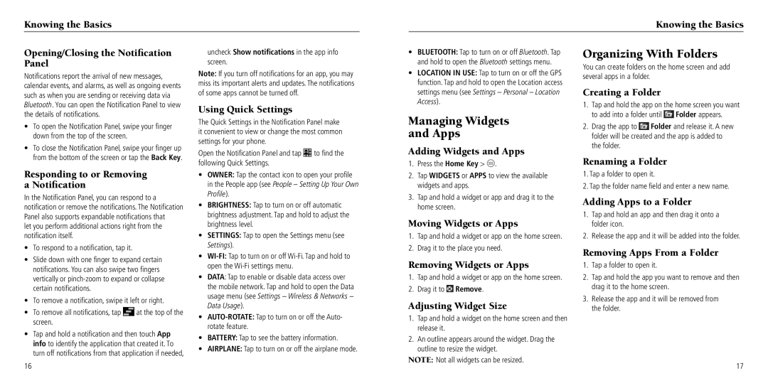 ZTE Z797C user manual Managing Widgets Apps, Organizing With Folders 