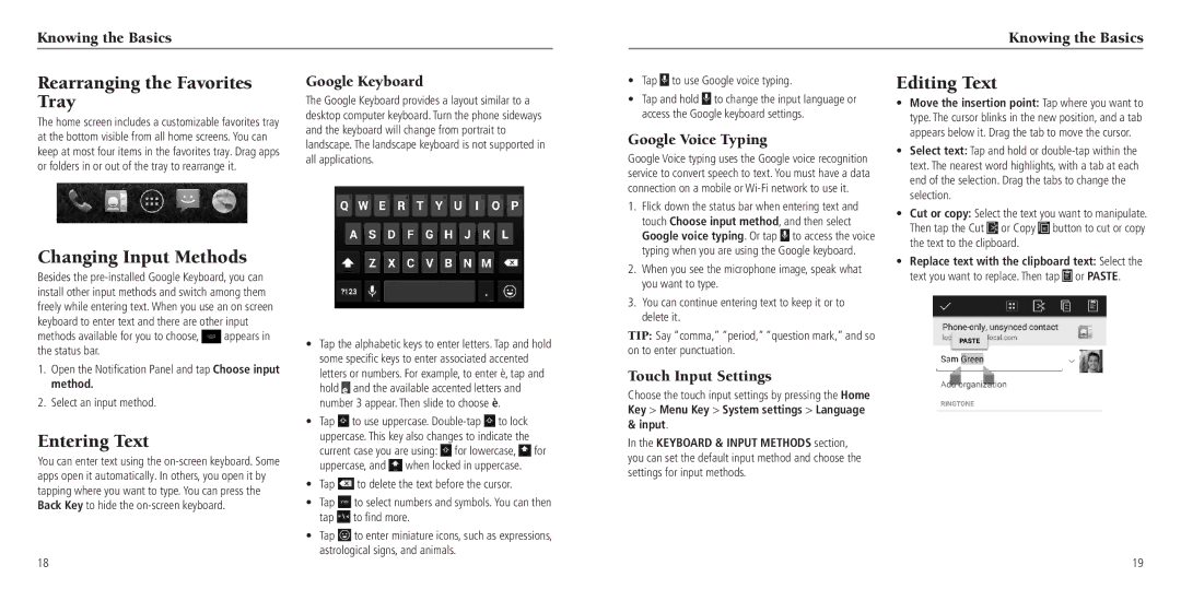 ZTE Z797C user manual Rearranging the Favorites Tray, Changing Input Methods, Entering Text 