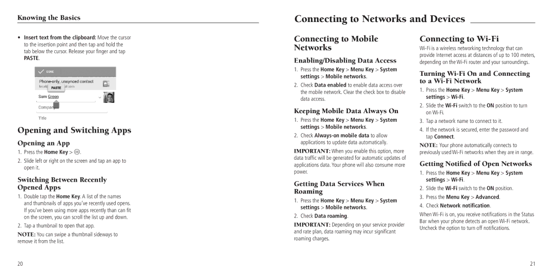 ZTE Z797C user manual Connecting to Networks and Devices, Opening and Switching Apps, Connecting to Mobile Networks 