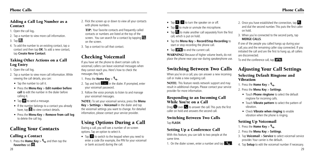 ZTE Z797C Checking Voicemail, Using Options During a Call Switching Between Two Calls, Adjusting Your Call Settings 