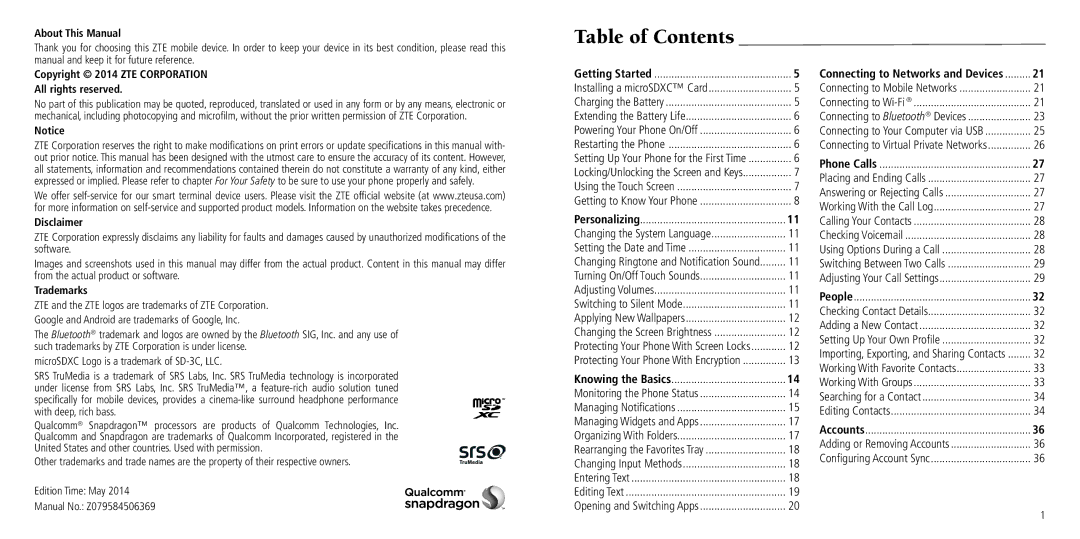 ZTE Z797C user manual Table of Contents 