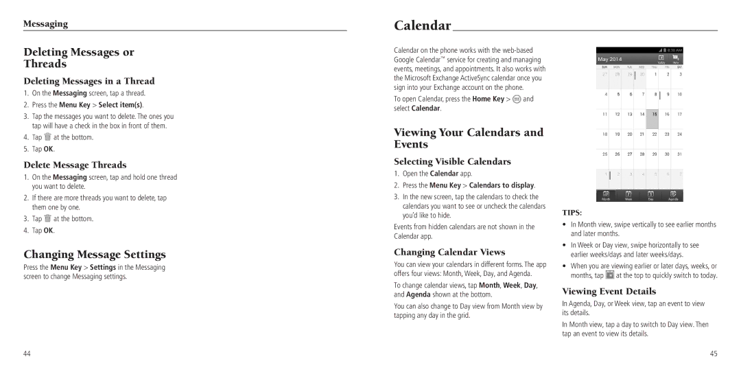 ZTE Z797C user manual Deleting Messages or Threads, Changing Message Settings, Viewing Your Calendars and Events 